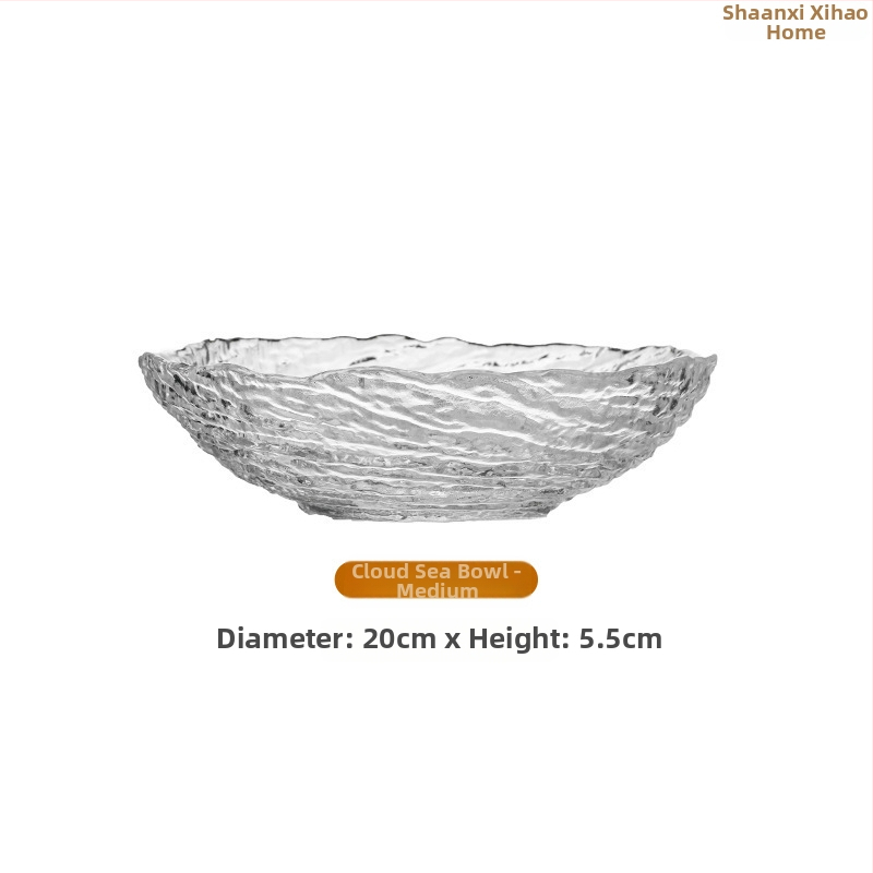 Sklenený servis s ledovým vzorom: nepravidelné misky a taniere na ovocie, priehľadné dezertné taniere, miska na cukrovú vodu; ručne vyrobené, prispôsobiteľné, moderný minimalistický štýl