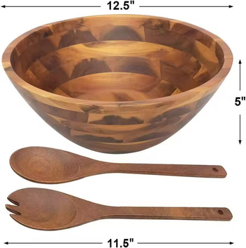 Set zdjela za salatu od drveta akacije sa posudom za serviranje i spatulom, trodijelni set, okrugli oblik, lagani luksuzni stil