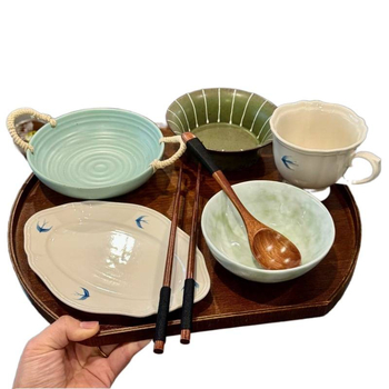 Set zdjelica i tanjura za doručak za jednu osobu, keramika, cvjetni uzorak, japanski stil, glazura pahulja snijega