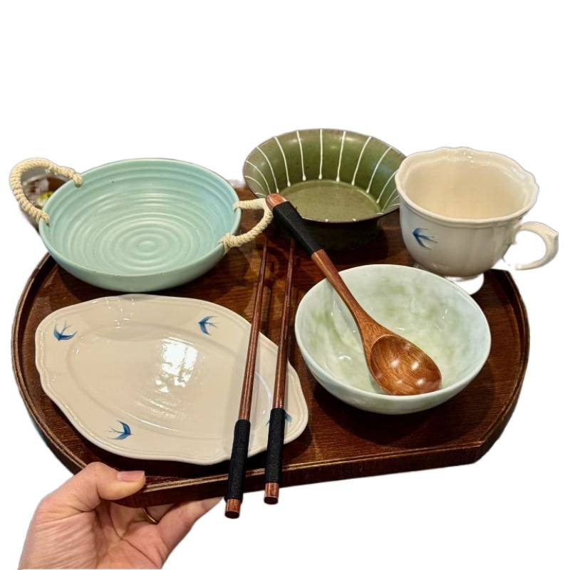 Set zdjelica i tanjura za doručak za jednu osobu, keramika, cvjetni uzorak, japanski stil, glazura pahulja snijega