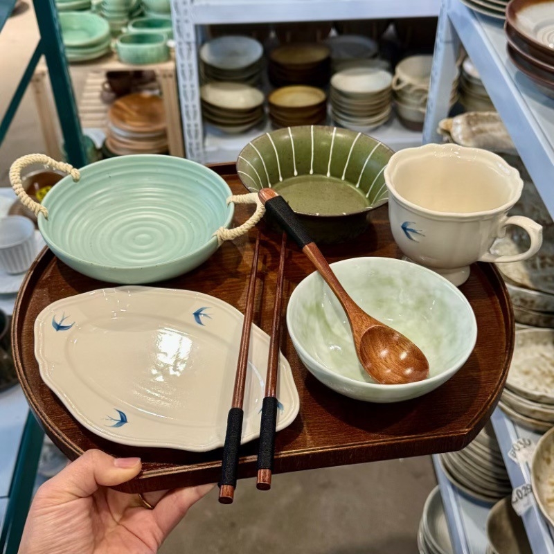 Set zdjelica i tanjura za doručak za jednu osobu, keramika, cvjetni uzorak, japanski stil, glazura pahulja snijega
