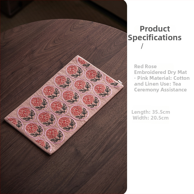 Covoraș dublu pentru ceai, cu broderie sashiko și motiv de trandafir — din bumbac și in, stil chinezesc