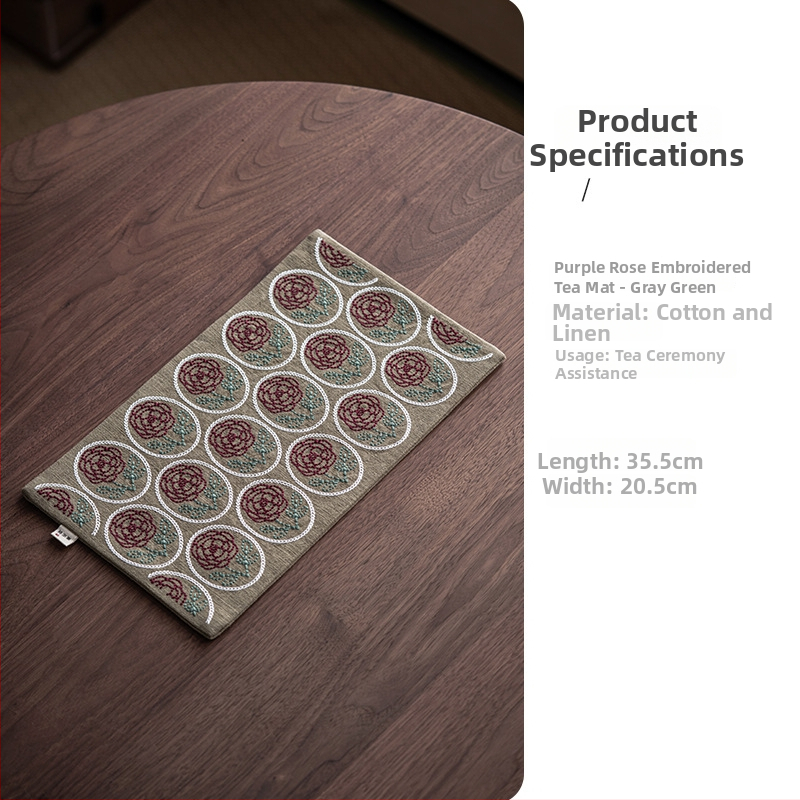 Covoraș dublu pentru ceai, cu broderie sashiko și motiv de trandafir — din bumbac și in, stil chinezesc