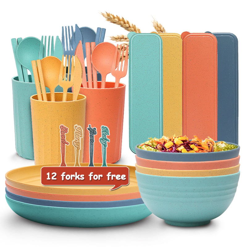 8-dijelni set kamp kuhinjskih posuda od slame od pšenice — tanjur, zdjela, čaša, nož, vilica, žlica, chopsticks i kutija za pohranu; materijal Wheat Straw PP; mikrovalna sigurnost; moderan minimalistički stil