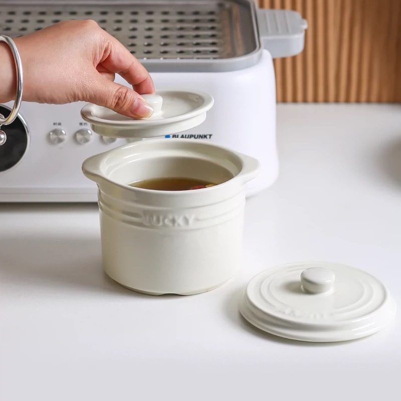 Vas ceramic pentru ouă la abur cu capac dublu – porție pentru o singură persoană, compatibil cu microunde, finisaj glazură monocrom