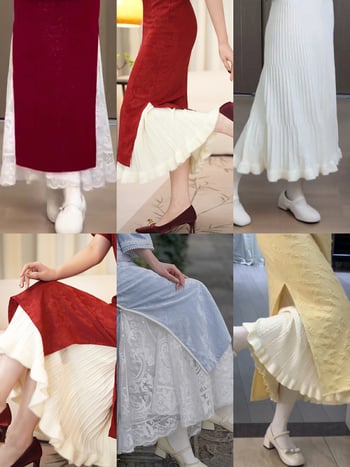 Чипао подплата за рокля - флорална релефна шарка, А-линия, средна дължина, микроеластичност