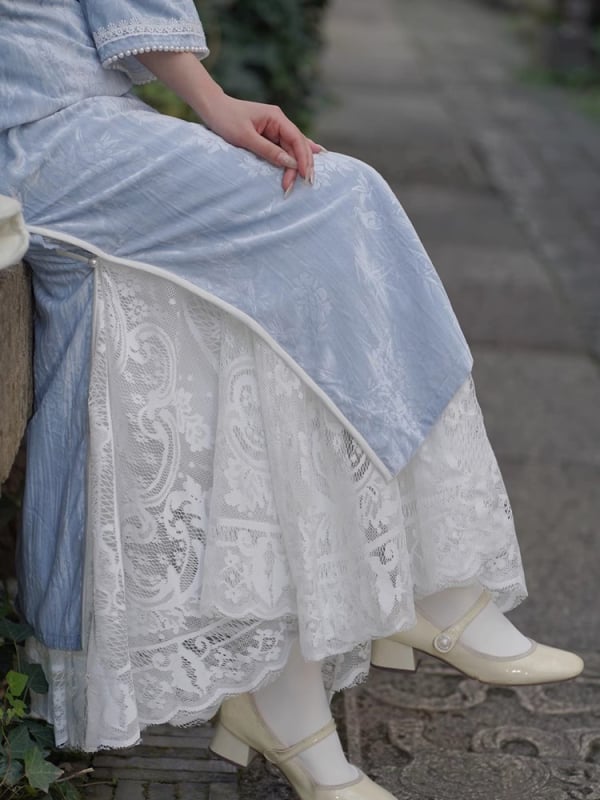 Чипао подплата за рокля - флорална релефна шарка, А-линия, средна дължина, микроеластичност