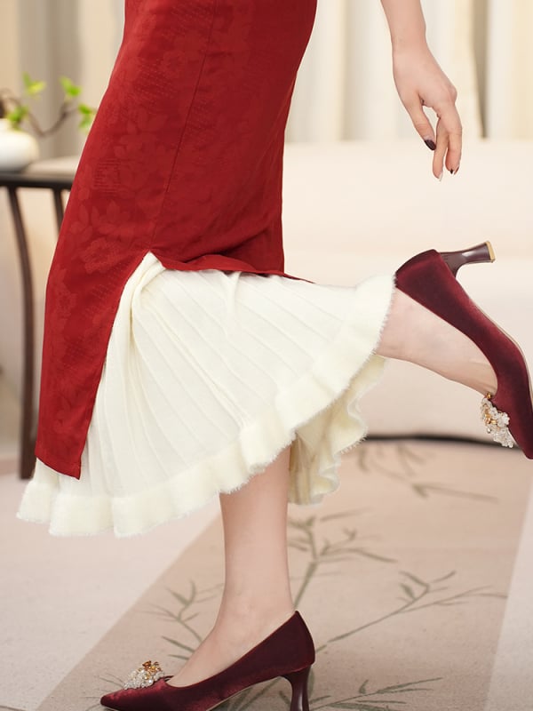 Чипао подплата за рокля - флорална релефна шарка, А-линия, средна дължина, микроеластичност