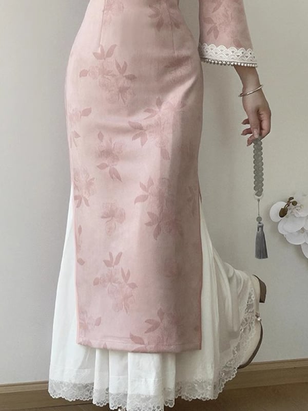 Чипао подплата за рокля - флорална релефна шарка, А-линия, средна дължина, микроеластичност