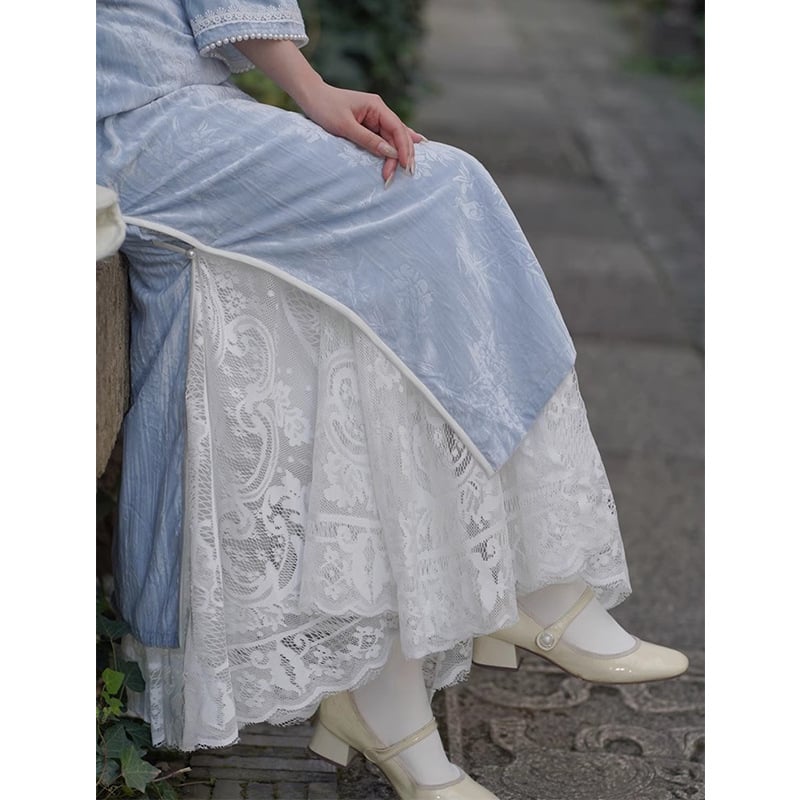 Чипао подплата за рокля - флорална релефна шарка, А-линия, средна дължина, микроеластичност