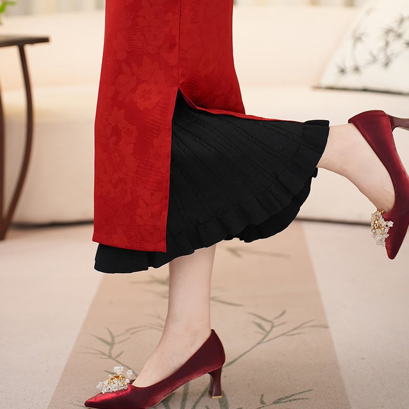 Чипао подплата за рокля - флорална релефна шарка, А-линия, средна дължина, микроеластичност