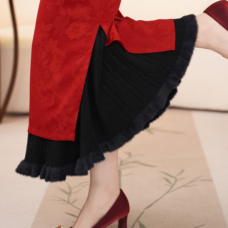 Чипао подплата за рокля - флорална релефна шарка, А-линия, средна дължина, микроеластичност