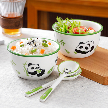 Set Panda din porțelan cu 2 boluri și 2 linguri, sub glazură, stil modern simplu