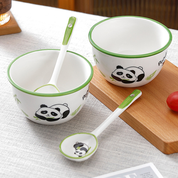Set Panda din porțelan cu 2 boluri și 2 linguri, sub glazură, stil modern simplu