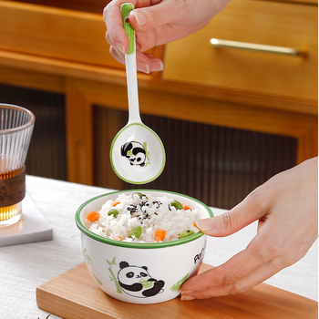 Set Panda din porțelan cu 2 boluri și 2 linguri, sub glazură, stil modern simplu