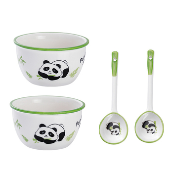 Set Panda din porțelan cu 2 boluri și 2 linguri, sub glazură, stil modern simplu