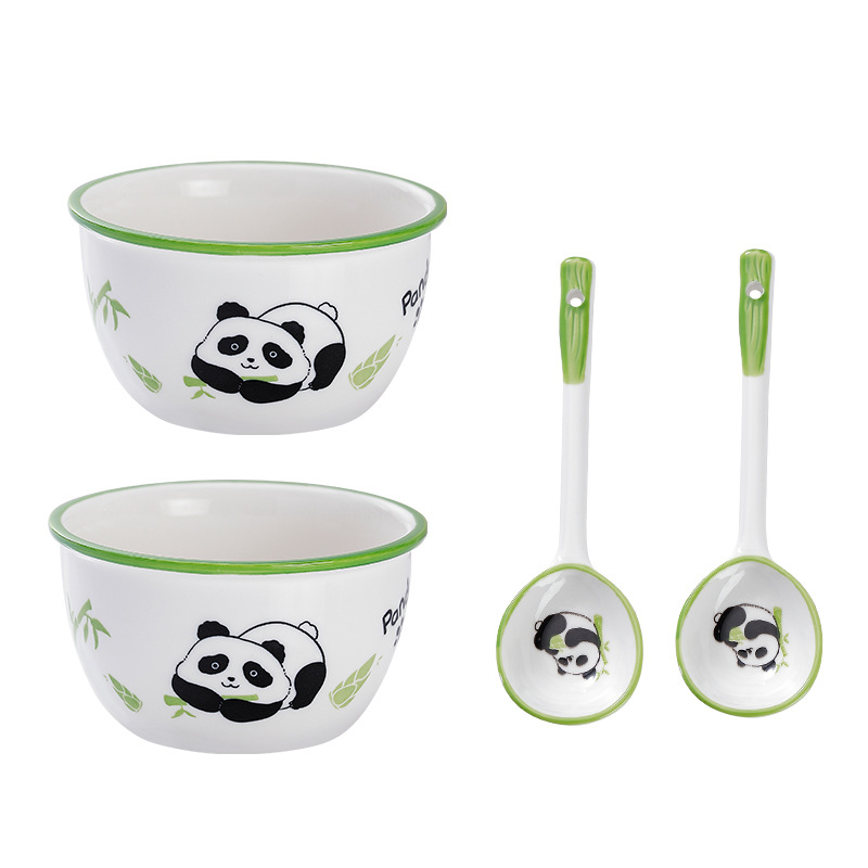 Set Panda din porțelan cu 2 boluri și 2 linguri, sub glazură, stil modern simplu