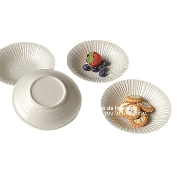 Bol ceramic plat cu model în dungi, culoare sub glazură, potrivit pentru microunde, formă rotundă, pentru iaurt și deserturi