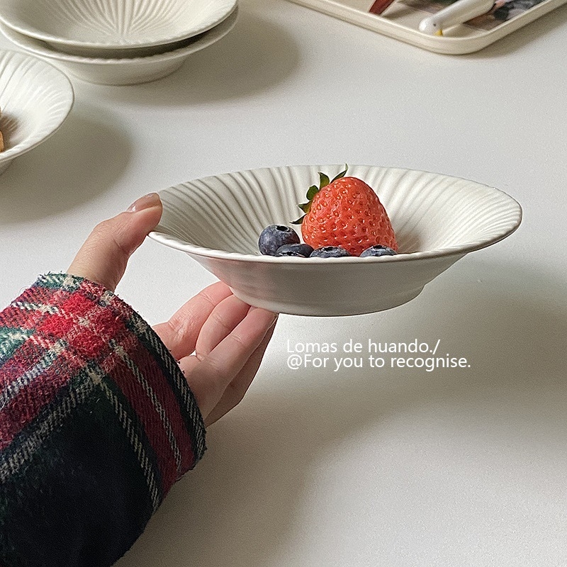 Bol ceramic plat cu model în dungi, culoare sub glazură, potrivit pentru microunde, formă rotundă, pentru iaurt și deserturi