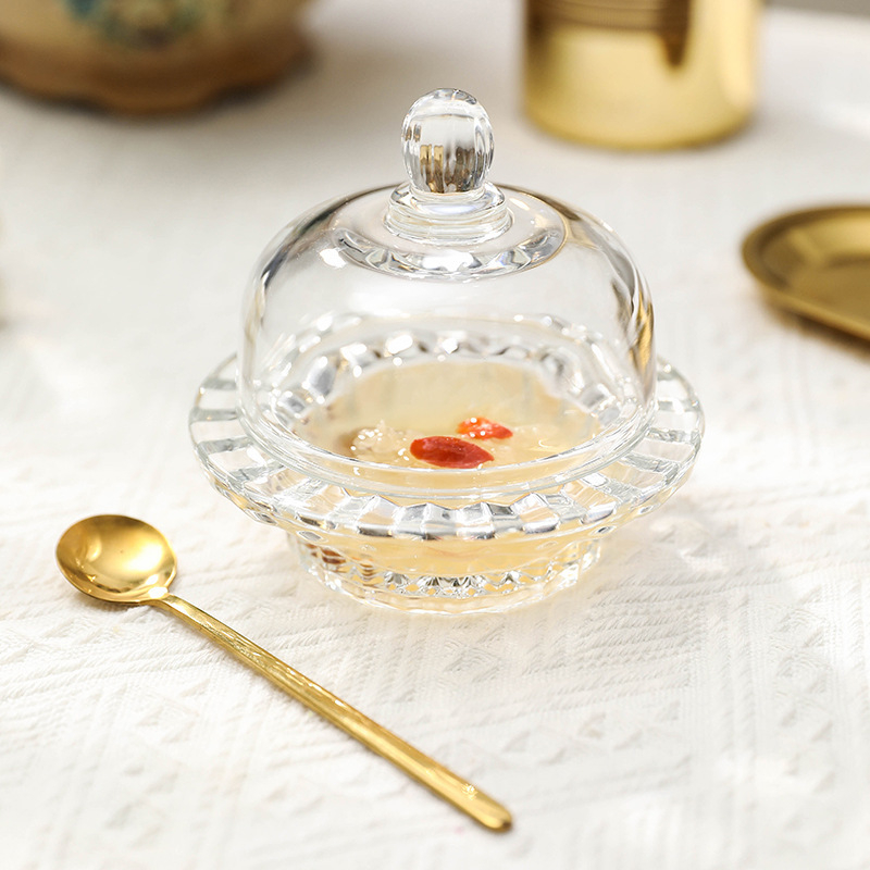 Cupe de desert din sticlă cu capac – bol transparent, rotund, potrivit pentru fructe și deserturi