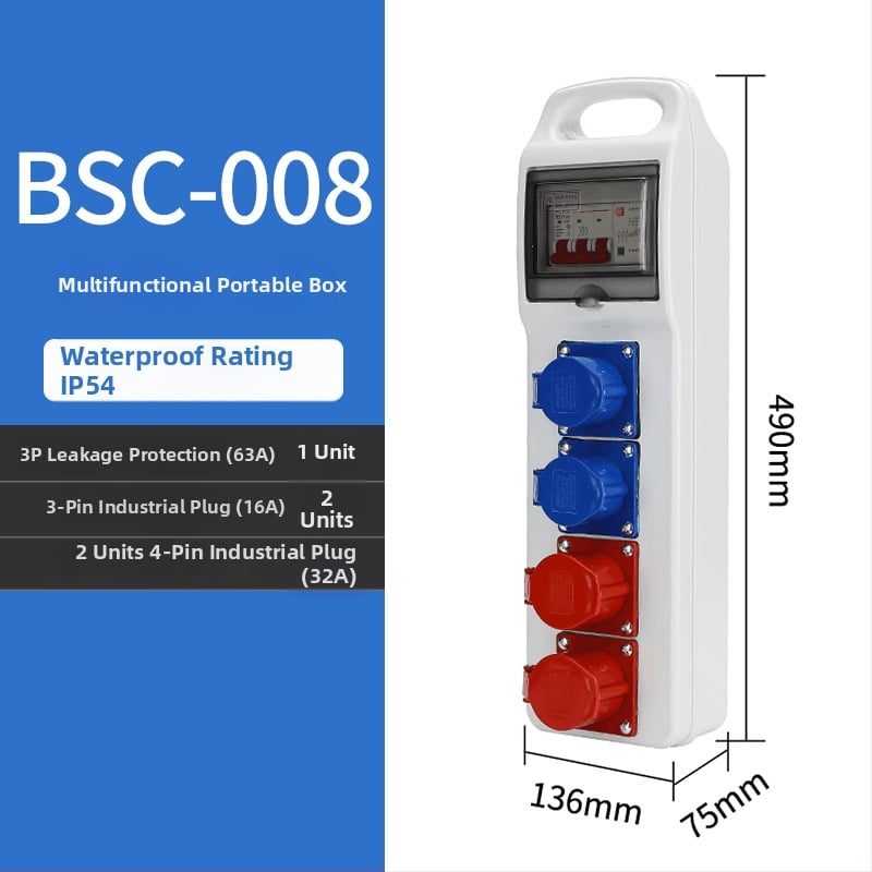 Триетажна мобилна разпределителна кутия за контакти за строителна площадка, IP65 водоустойчива, преносима за открито, 6 гнезда, 32A