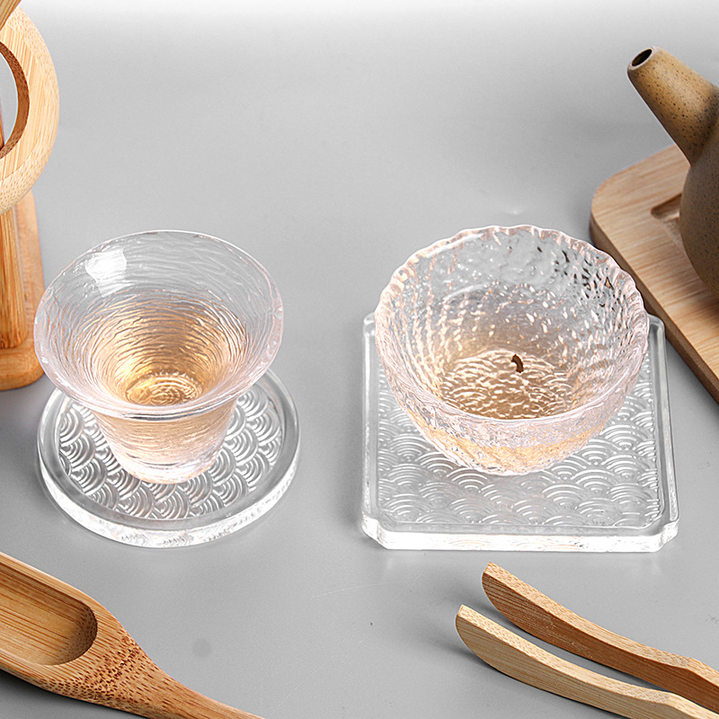 Suport din sticlă pentru ceai și coaster în stil japonez, cu model Xiangyun Waves (rotund și pătrat) – accesorii pentru setul de ceai