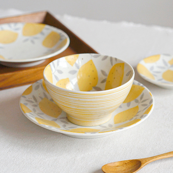 Nishida Koyu set ceramic în stil japonez, serie cu lămâie, 5 piese – farfurioare mici și boluri pentru orez, cu motiv floral