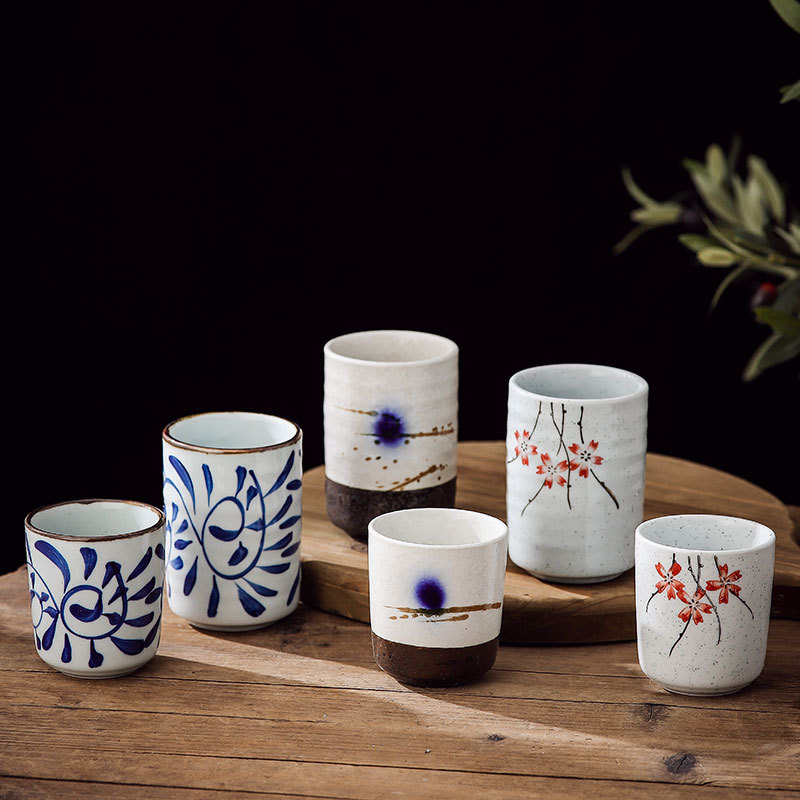 Cească ceramică în stil japonez, pictură manuală, formă rotundă, compatibilă cu microundele, imprimare logo, personalizare disponibilă