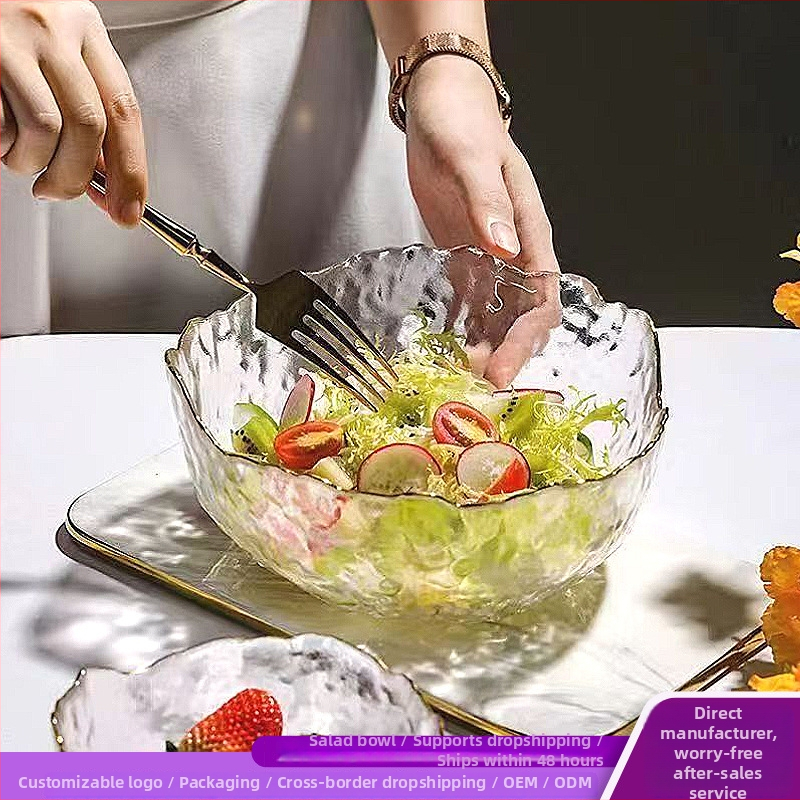 Sklenený set riadu na stolovanie: miska na šalát, miska na polievku, sklenená miska na dezert a tanier na ovocie; tepelne odolné sklo; ručná výroba; prispôsobiteľný; japonský štýl; vhodné pre domov a internát.