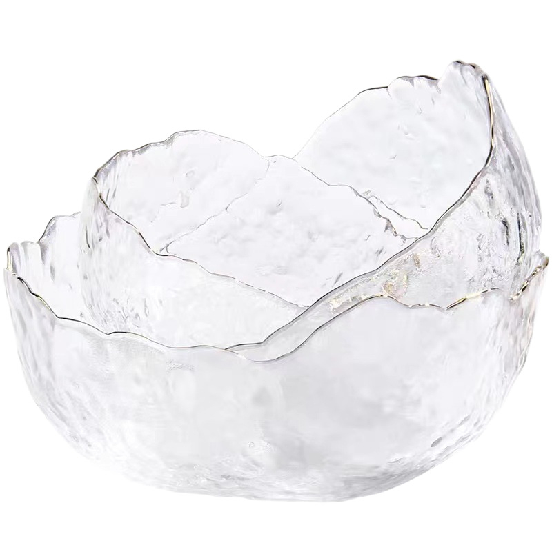 Σετ γυάλινα σκεύη τραπεζιού: μπολ σαλάτας, μπολ σούπας, γυάλινο επιδόρπιο και πιάτο φρούτων; θερμοανθεκτικό γυαλί; χειροποίητο; προσαρμόσιμο; ιαπωνικό στυλ; για οικία και φοιτητικό δωμάτιο.