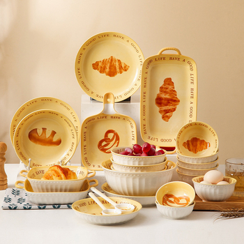 Porcelanski set posuđa u nordijskom stilu: tanjuri, zdjele za rižu, zdjele s dvostrukom ručkom i zdjele za juhu; mikrovalna sigurnost; boja pod glazurom