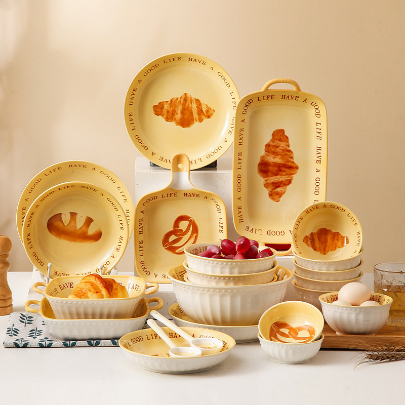 Porcelanski set posuđa u nordijskom stilu: tanjuri, zdjele za rižu, zdjele s dvostrukom ručkom i zdjele za juhu; mikrovalna sigurnost; boja pod glazurom
