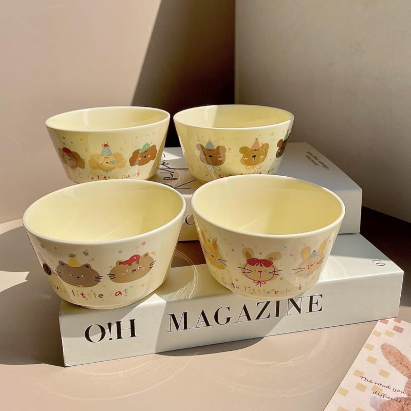 Porcelanska zdjela s motivom životinje u cartoon stilu za salatu, jogurt i juhu — okruglog oblika, boja ispod glazure, nije pogodno za mikrovalnu