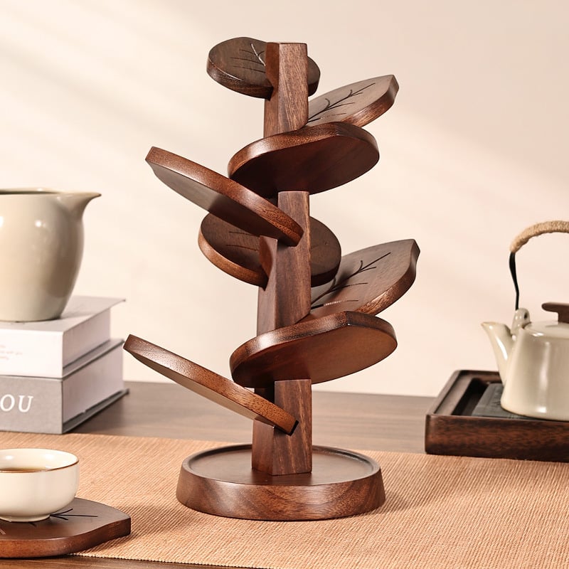Suport de pahar din lemn de nuc, în formă de copac, cu model de frunze, covoraș termoizolant pentru masă