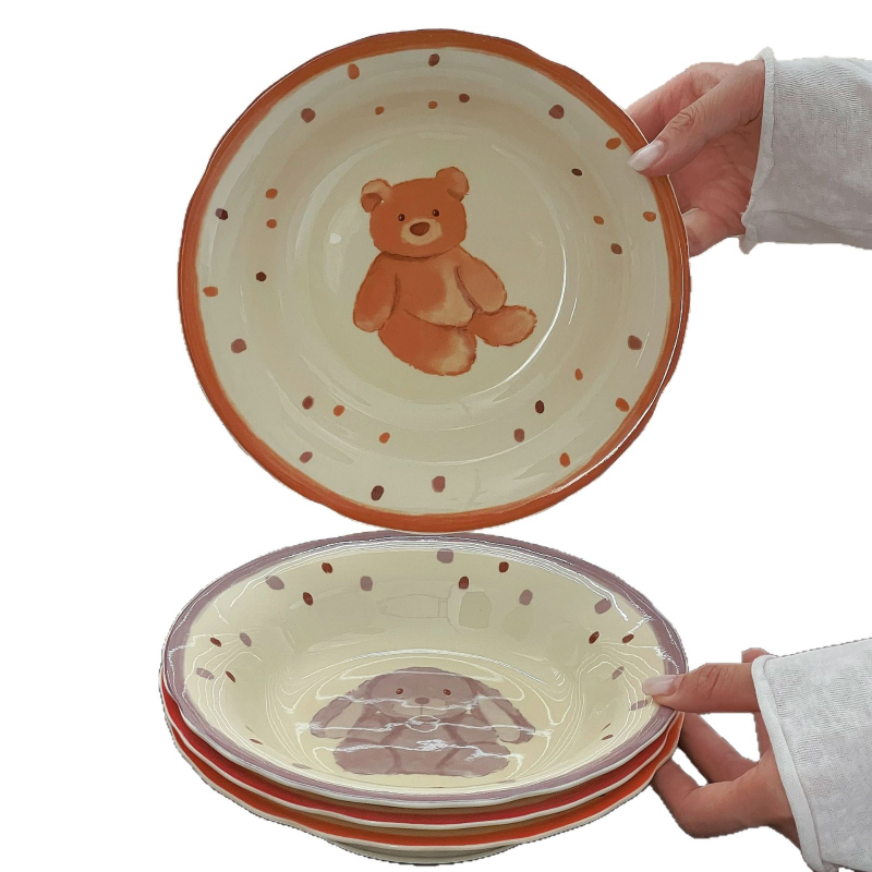 Set de boluri și farfurii din porțelan cu motiv fructe și legume, formă circulară, suprafață glazurată, potrivit pentru cuptorul cu microunde