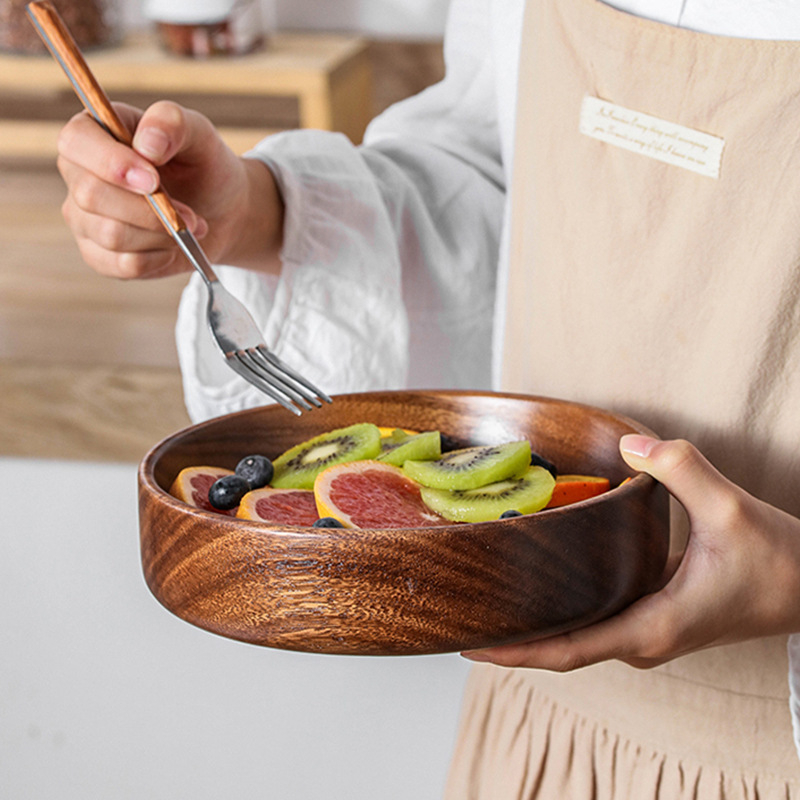Vas de salată din lemn de nuc, rotund, stil modern minimalist, farfurie pentru fructe și gustări, cu posibilitate de stivuire