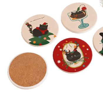 Suport de pahar ceramic circular cu spate din plută, pisică de Crăciun în stil desen animat, fotografie personalizată cu randări gratuite
