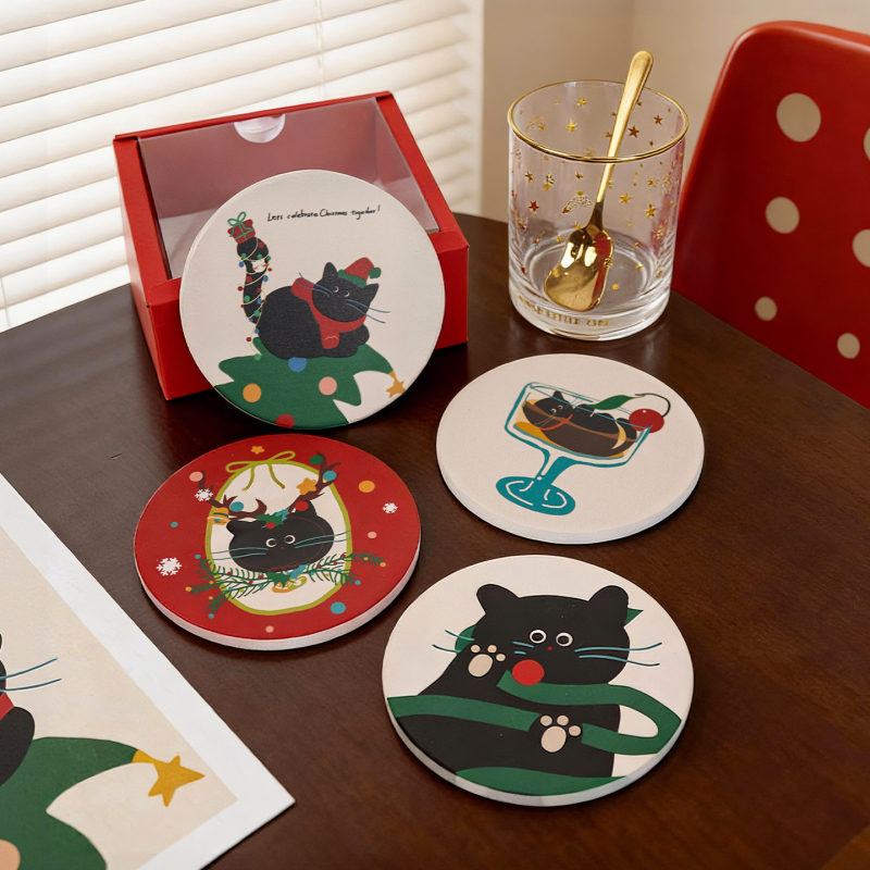 Suport de pahar ceramic circular cu spate din plută, pisică de Crăciun în stil desen animat, fotografie personalizată cu randări gratuite