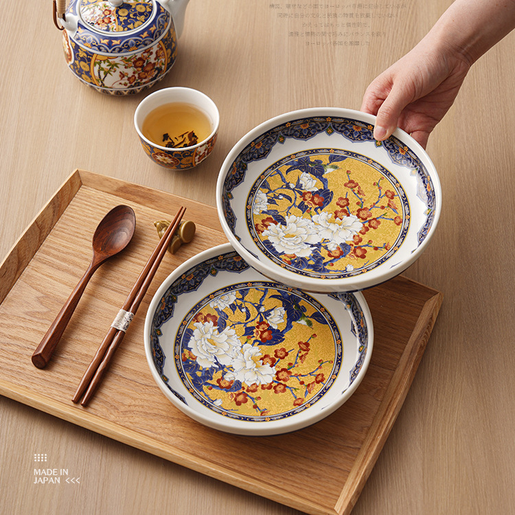 Guiwanli комплект чинии от керамика с мотив пион и птица, дворцов стил, метални детайли, пет броя