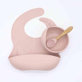 Set de masă din silicon pentru sugari, cu bavă, bol și linguriță – cutie cu patru compartimente, 4 piese KS-359