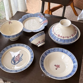 Set ceramic de bucătărie în stil japonez, cu model floral sub glazură; include bol de orez, bol de tăiței, farfurie de servire și farfurie pentru pește; compatibil cu cuptorul cu microunde