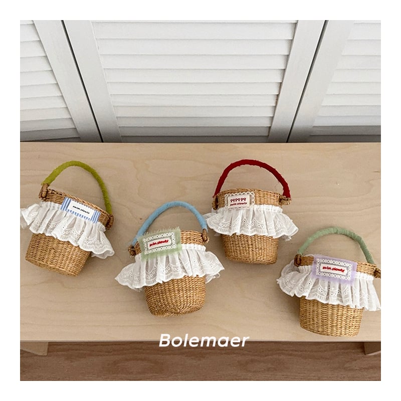 Geantă pentru copii din paie împletită, cu dantelă și etichetă cu litere, modernă pentru uz zilnic – vară 2025