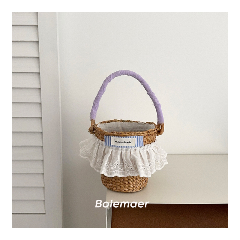 Geantă pentru copii din paie împletită, cu dantelă și etichetă cu litere, modernă pentru uz zilnic – vară 2025