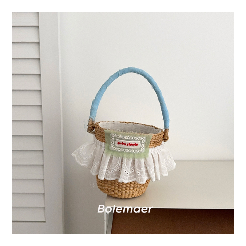 Geantă pentru copii din paie împletită, cu dantelă și etichetă cu litere, modernă pentru uz zilnic – vară 2025