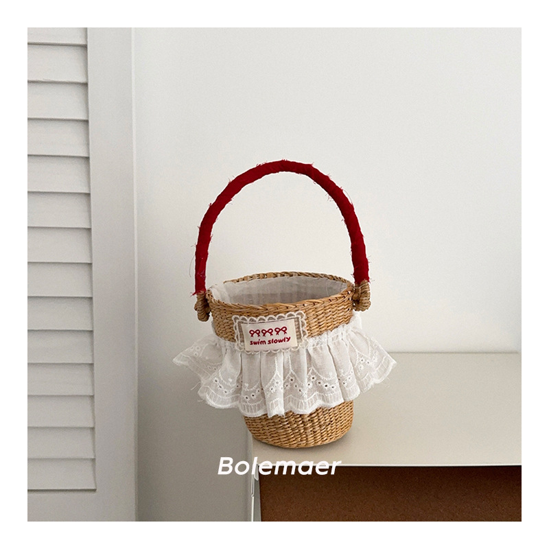 Geantă pentru copii din paie împletită, cu dantelă și etichetă cu litere, modernă pentru uz zilnic – vară 2025