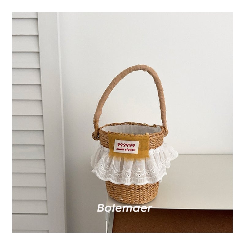 Geantă pentru copii din paie împletită, cu dantelă și etichetă cu litere, modernă pentru uz zilnic – vară 2025