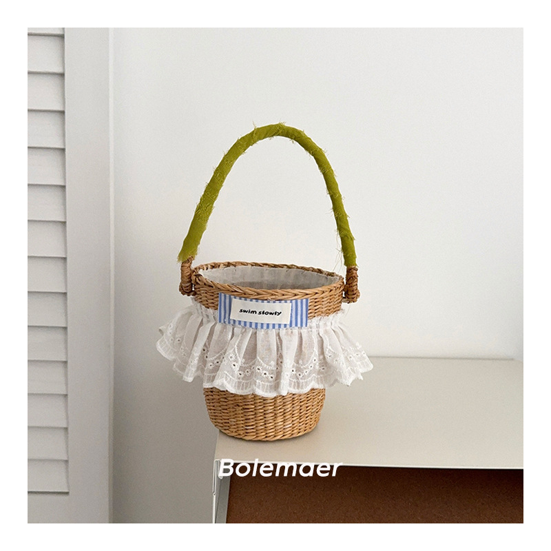 Geantă pentru copii din paie împletită, cu dantelă și etichetă cu litere, modernă pentru uz zilnic – vară 2025