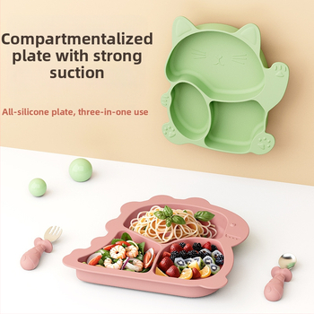 Силиконова детска чиния с вакуумна поставка, разделена тава, сладък динозавър дизайн, подходяща за деца над 3 месеца