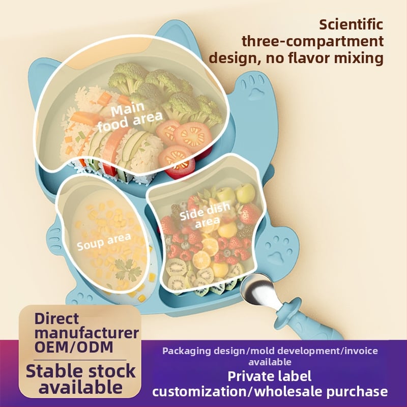 Силиконова детска чиния с вакуумна поставка, разделена тава, сладък динозавър дизайн, подходяща за деца над 3 месеца