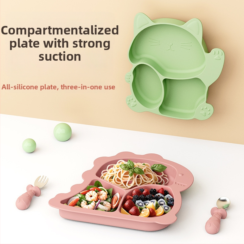 Силиконова детска чиния с вакуумна поставка, разделена тава, сладък динозавър дизайн, подходяща за деца над 3 месеца